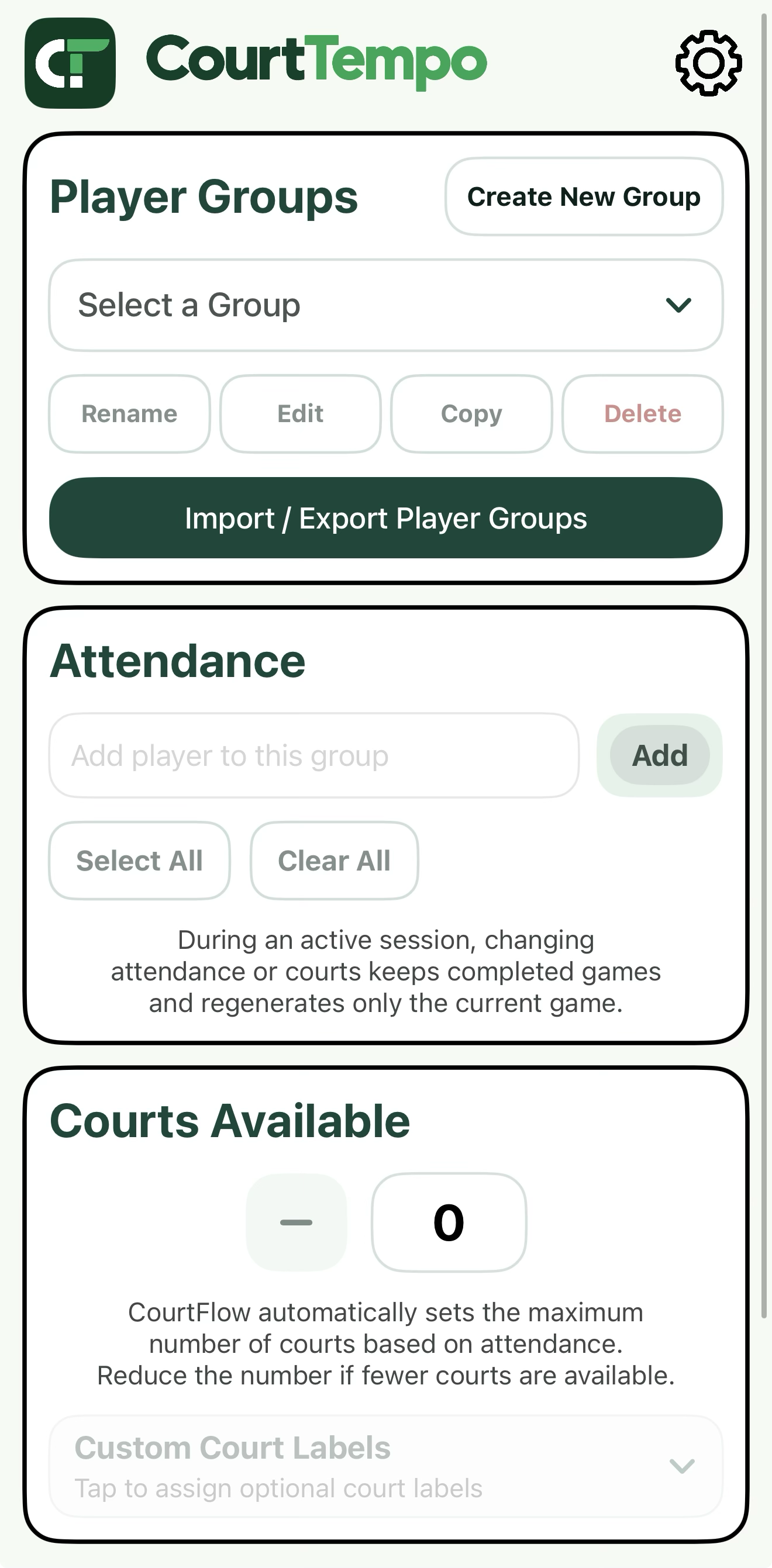 CourtTempo player group, attendance and courts setup screen