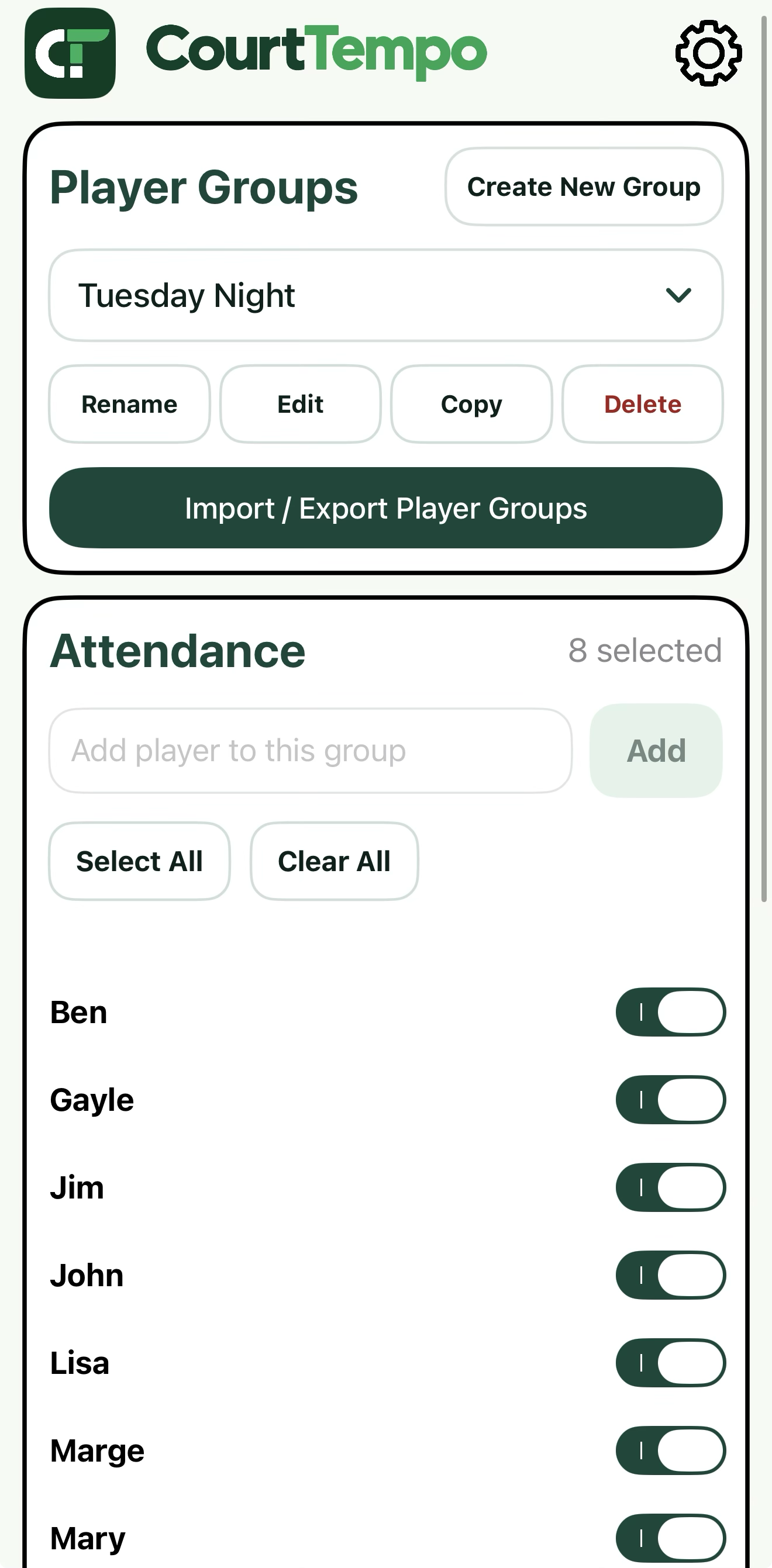 CourtTempo player group and attendance screen with players selected