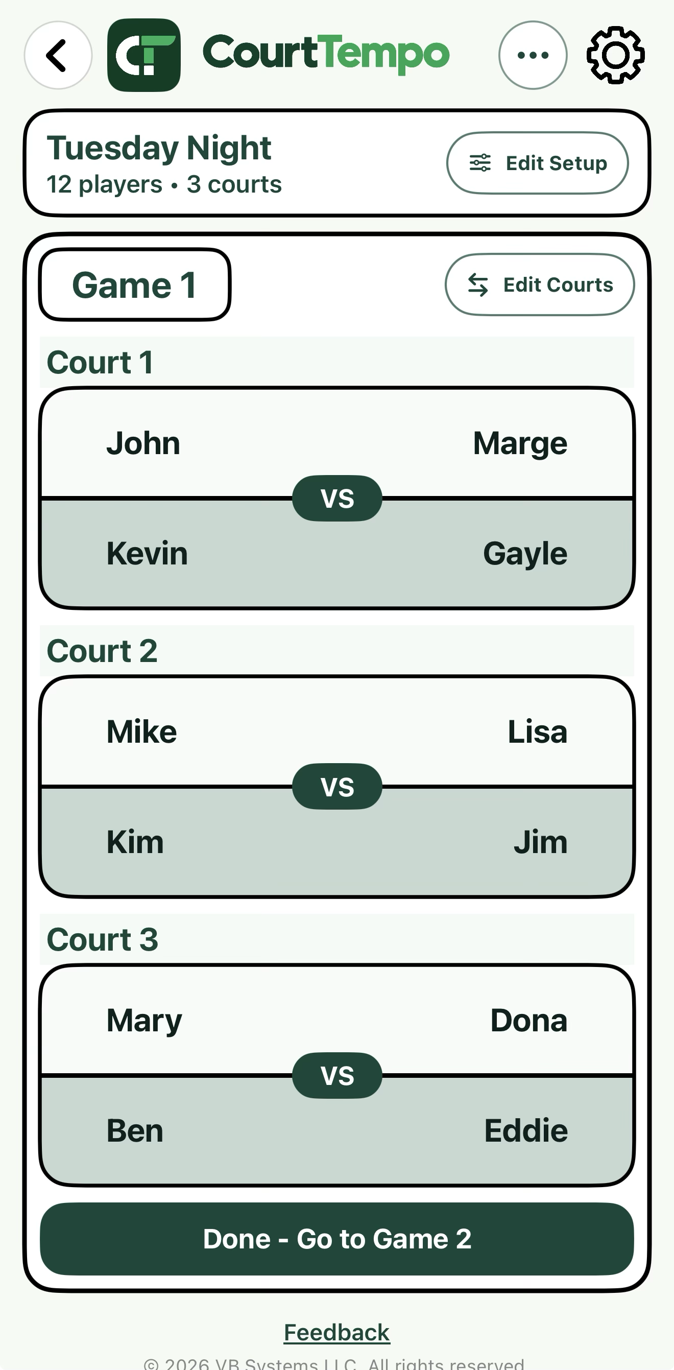 CourtTempo live matchup screen showing three courts